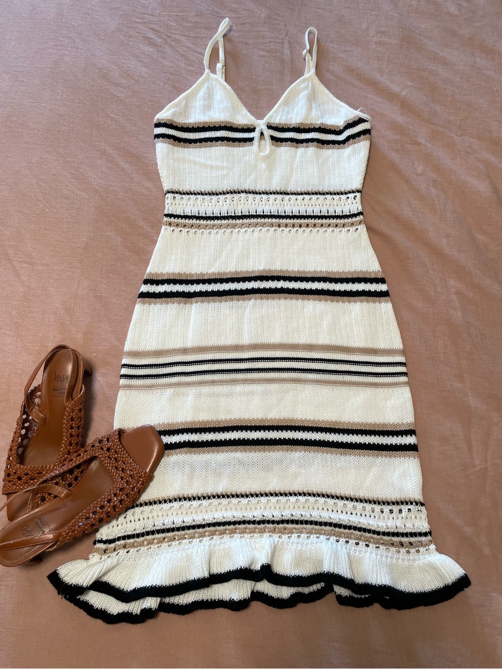 Striped Knit Midi Dress with Spaghetti Straps in Ivory and Black